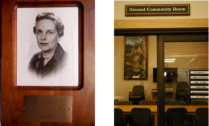 The plaque reads: In Memory of Mary G. Stenzel, 1912-1985. The later addition, completed in 2005, included a community room which was also named in the family’s honor.